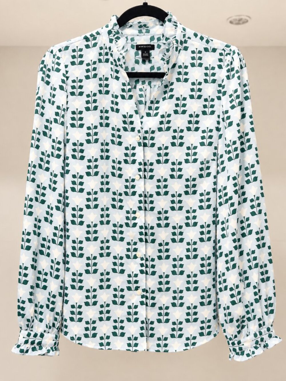 Blue & Green Floral Ruffle Collar Button Front Blouse